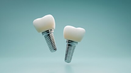 Fototapeta premium 3d render of two realistic dental implants with white crowns floating against soft blue studio background for clinic advertising.