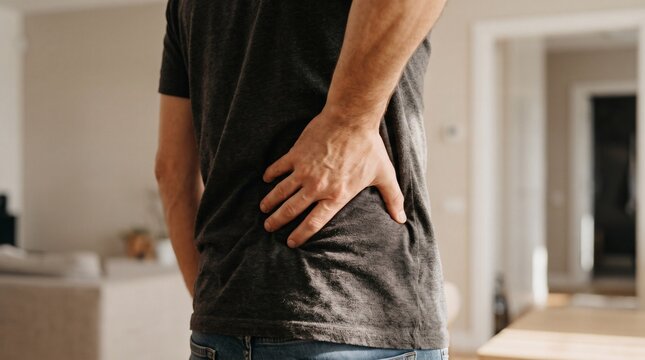 Acute lumbar strain and musculoskeletal spasm: mature male standing indoors clutching painful lower back and spine in severe discomfort. Detailed creative stock photo featuring dramatic contrast.