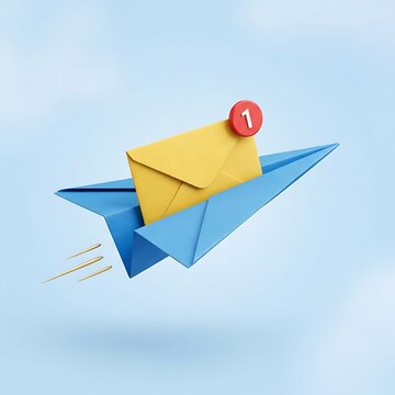 A blue paper airplane carrying a yellow mail envelope with a notification badge