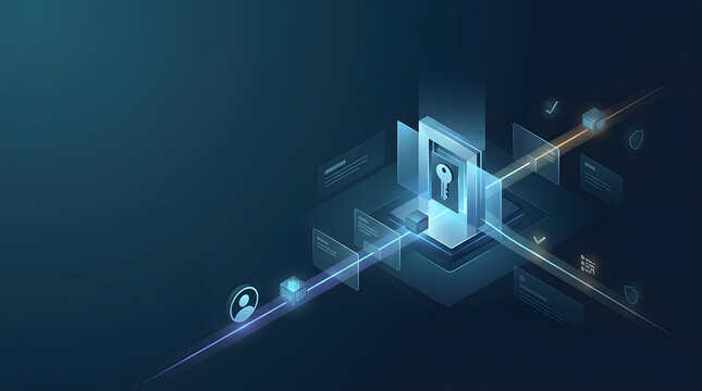 Cybersecurity data protection, isometric encryption network with glowing key icon, floating digital interfaces and user profiles, dark futuristic web setting, professional corporate marketing asset.