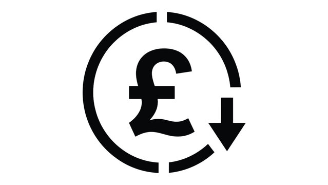 Minimalist vector illustration showing british pound sterling currency symbol with downward arrow representing economic market decline