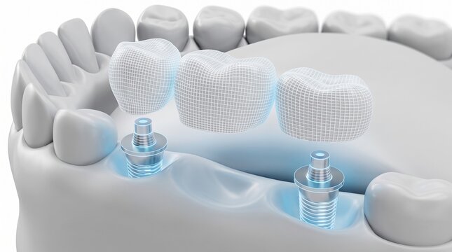 3d render of human jaw with dental bridge supported by two glowing implants.