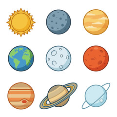 Planets of the solar system including the sun, mercury, venus, earth, moon, mars, jupiter, saturn, and uranus. © Dedi