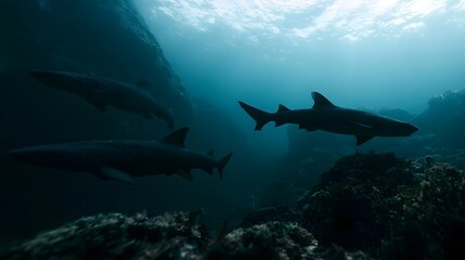 Obraz premium Three sharks glide gracefully through deep blue ocean waters near rocky underwater terrain with sunlight filtering from above