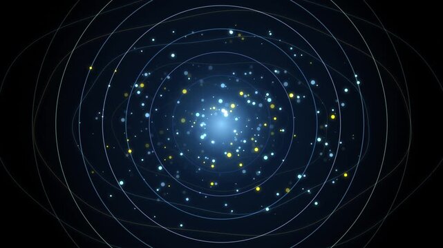 Abstract scientific animation of atomic particles orbiting a glowing blue nucleus energy core