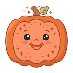 Fototapeta premium Smiling cartoon pumpkin with happy face and green leaf on top for fall season