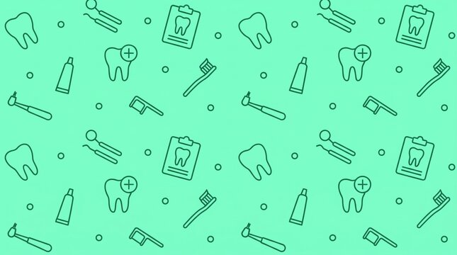 Pattern of dental care icons on bright green background.