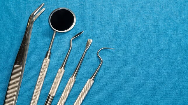 Various dental instruments on blue textured background.