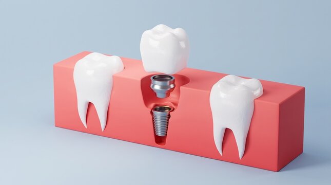 Dental implant post placed into jawbone with surrounding teeth.
