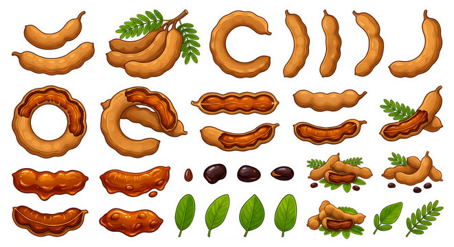 Natural Tamarind Clipart Elements with Brown Pods, Amber Pulp and Seeds