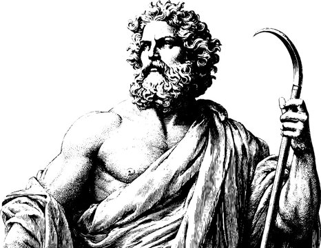 Antique engraving of a cronus statue holding a sickle for poster and background design