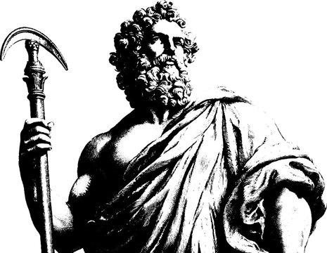 Antique engraving of cronus holding a sickle staff for banner and background design