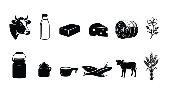 Vintage dairy farm icons set, black and white rustic agriculture vector elements, organic milk and cheese production symbols for branding