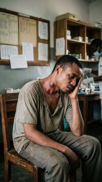 Bacterial infection outbreak: fatal plague, Yersinia Pestis, painful bubo, sick patient, medical clinic, fever symptom, epidemic transmission, lymphatic swelling, acute disease.