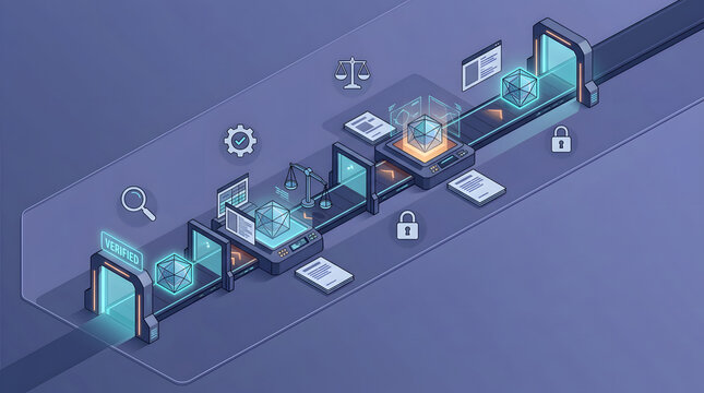Data processing pipeline, automated verification flowchart, security locks and glowing cubes, isometric futuristic dark interface, software development and compliance marketing assets, corporate.