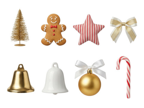 Assorted christmas decoration items set isolated on transparent