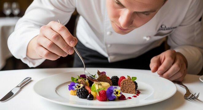 Expert chef meticulously arranging an elegant gourmet dessert on a white plate, showcasing culinary artistry and fine dining.