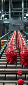 Industrial conveyor belt carrying clear glass jars filled with vibrant red raspberry jam moving slowly along the production line, raspberry jam, production line