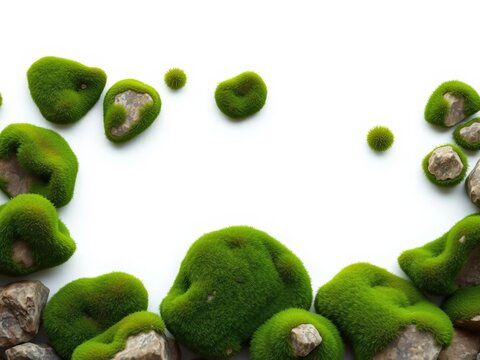 Lush green moss covers a collection of natural rocks against a white background, creating a unique texture and design element, moss, rock