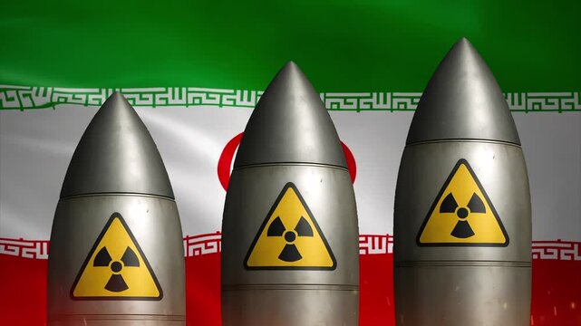 Three nuclear missiles rising against the national flag of Iran