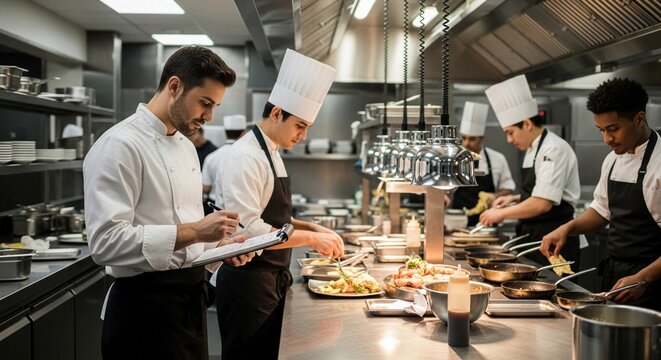 Professional chef meticulously reviewing dishes while sous chef prepares food in busy restaurant kitchen
