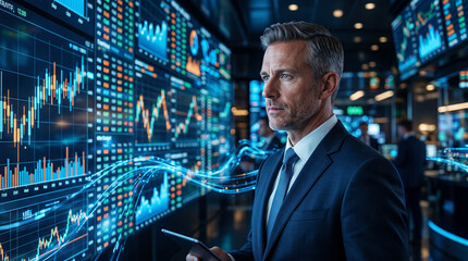 Fototapeta premium Professional financial analyst monitoring real time market data on large digital display screens