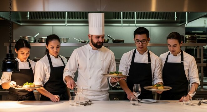 Professional culinary team meticulously plating gourmet dishes in a bustling restaurant kitchen, showcasing teamwork and dedication.