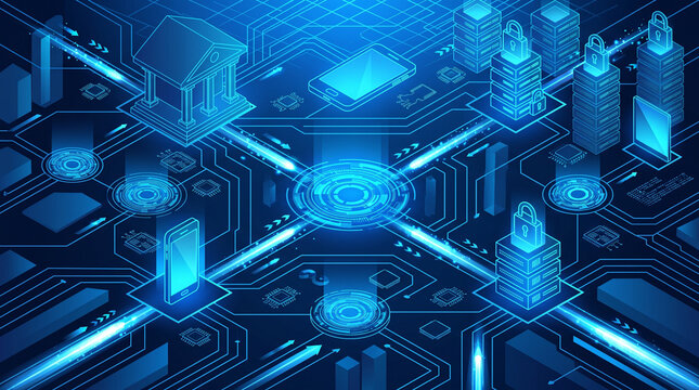 Digital banking security concept with glowing isometric server racks and mobile technology