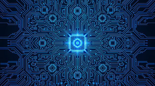 Abstract digital background featuring a glowing blue circuit board with a central processor unit