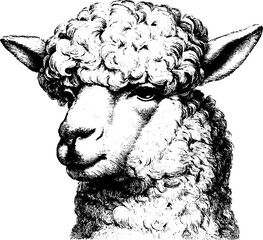 Fototapeta premium Antique engraved closeup alpaca head with curly fleece on white background for vintage label design and poster
