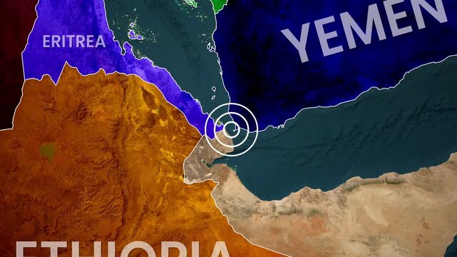 Animated satellite map highlighting the Bab-el-Mandeb Strait's location