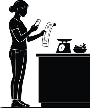 Woman Checking Receipt and Weighing Food on Kitchen Counter Scale Vector Illustration