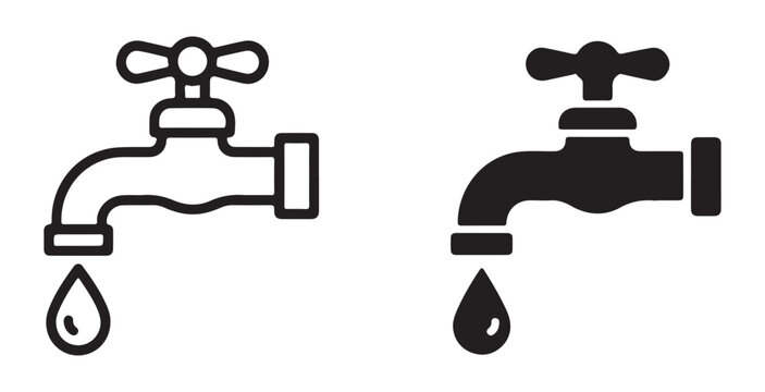 Water faucet tap icons set with dripping drops and industrial plumbing hardware in simple flat style.