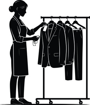 Woman Tagging Clothes on Clothing Rack in Boutique Dry Cleaning Shop Vector Illustration   