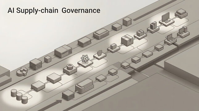 AI Supply-chain Governance, isometric 3D flowchart diagram with glowing nodes, connected server blocks illustrating automated management, clean tech infrastructure background, ideal for advertising.