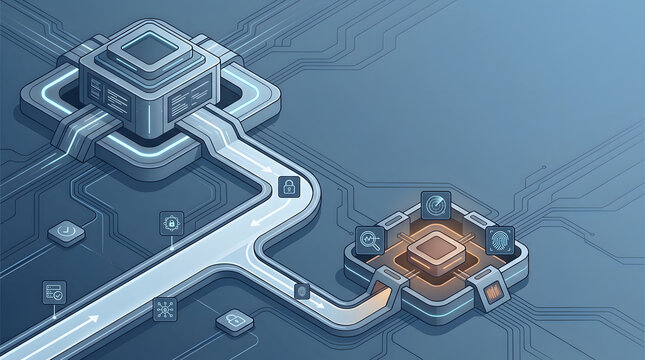 Cybersecurity data protection, isometric digital circuit flow with padlock and fingerprint icons, interconnected server hardware modules, tech blue abstract background, corporate network graphics.