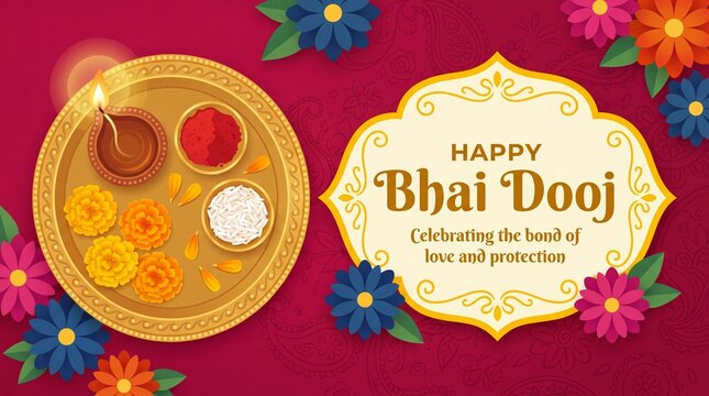 Happy Bhai Dooj Greeting Template with Decorative Ornaments, Bhai Tika, Indian Religious Festival Bhai Dooj Wishes Background