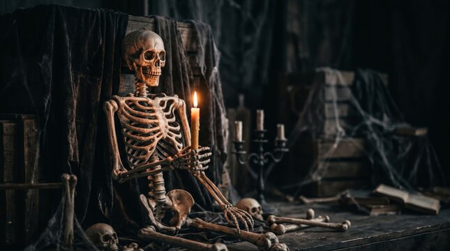 Eerie human skeleton holding a burning candle in a dark gothic room with skulls, old books and black drapery