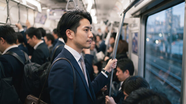 電車で通勤するスーツ姿のビジネスマンと混雑する車内