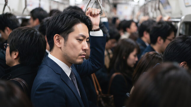 満員電車で吊り革に掴まり通勤するスーツ姿のビジネスマン