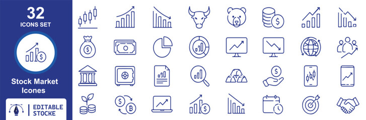 Fototapeta premium 32 Business Finance Vector Outline Icons Set – Growth, Investment, Market Analysis, Money, Banking and Financial Strategy Line Symbols Collection