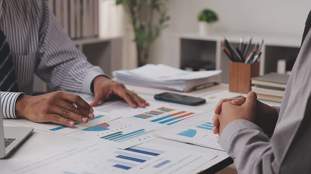 Business team analyzing financial data and market statistics, collaborating on project planning, discussing investment strategies, and reviewing growth reports in an office meeting