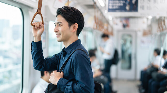 電車内で吊り革に掴まり笑顔で通勤するビジネスマン