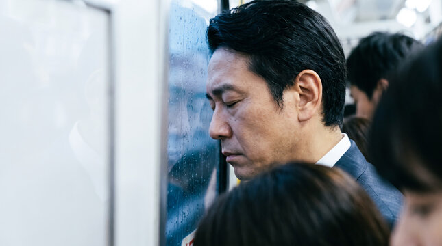 満員電車でドアに寄りかかり目を閉じる疲れたサラリーマンの通勤風景