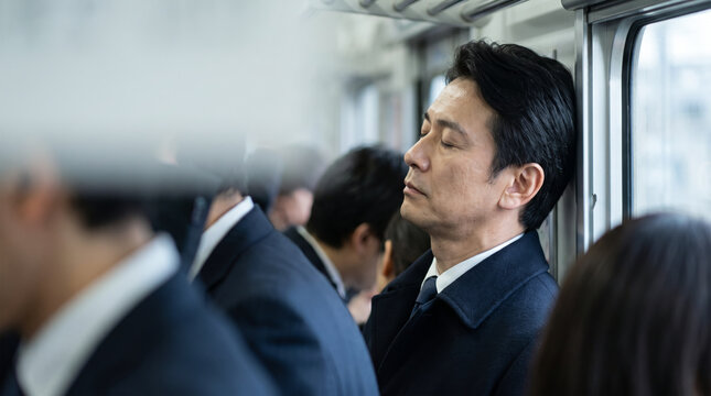 満員電車で疲れた表情で居眠りをする通勤途中のミドル男性会社員