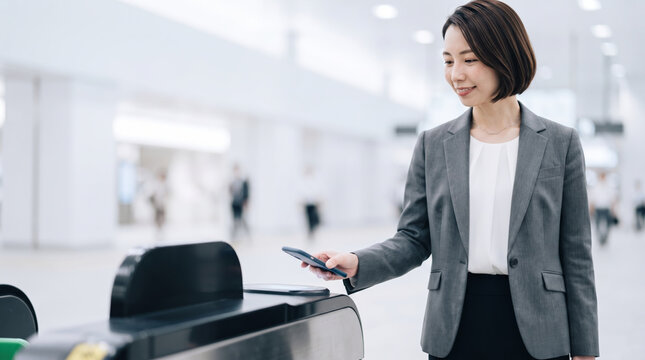 駅の改札機にスマートフォンをかざして通勤するビジネスパーソンの女性