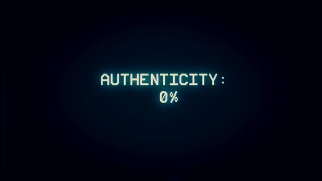 Retro pixelated text highlights manipulated reality, zero authenticity, and copies against a dark, glowing background. Explores themes of deception and artificiality for media content.