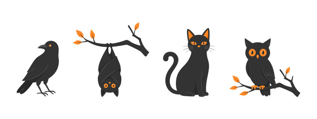 Obraz premium Set of Halloween animals isolated on a white background, flat vector illustration