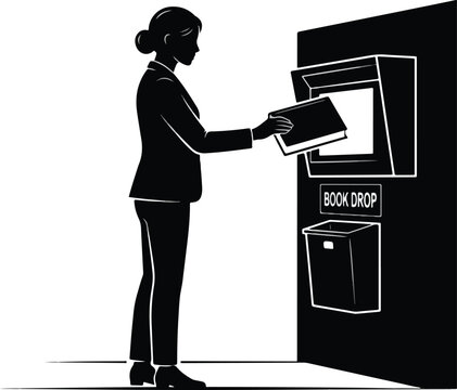 Woman Returning Book at Library Automated Book Drop Machine Vector Illustration