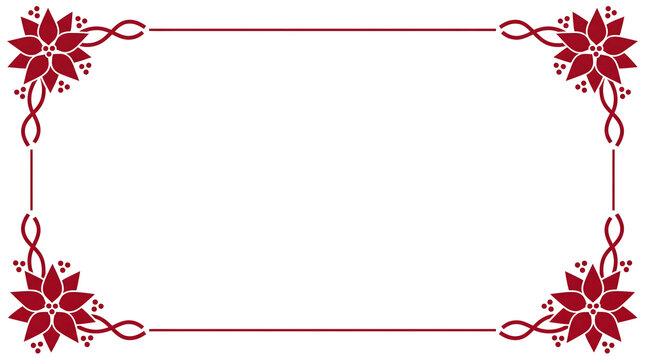 Elegant rectangular border frame decorated with red poinsettia flowers at each corner isolated on a clean white background